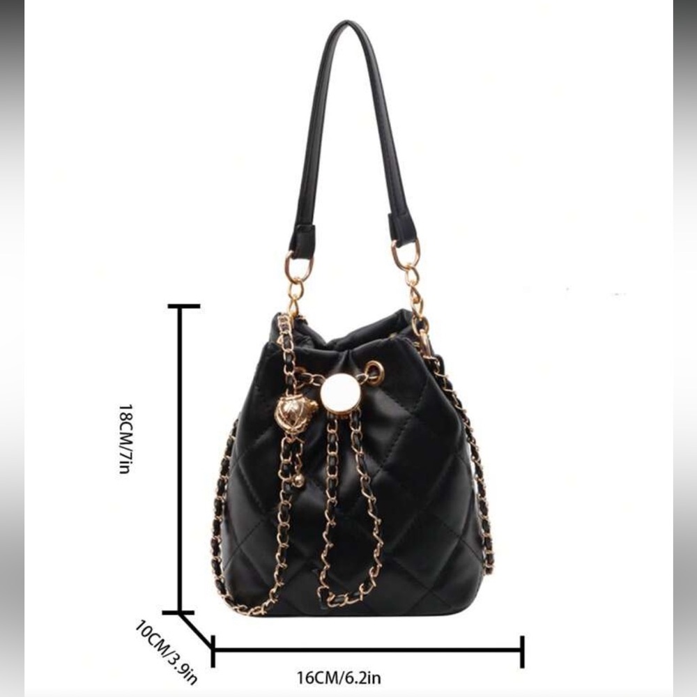 Black Quilted Mini Bucket Bag with Gold Chain Accent - Picture 12 of 13